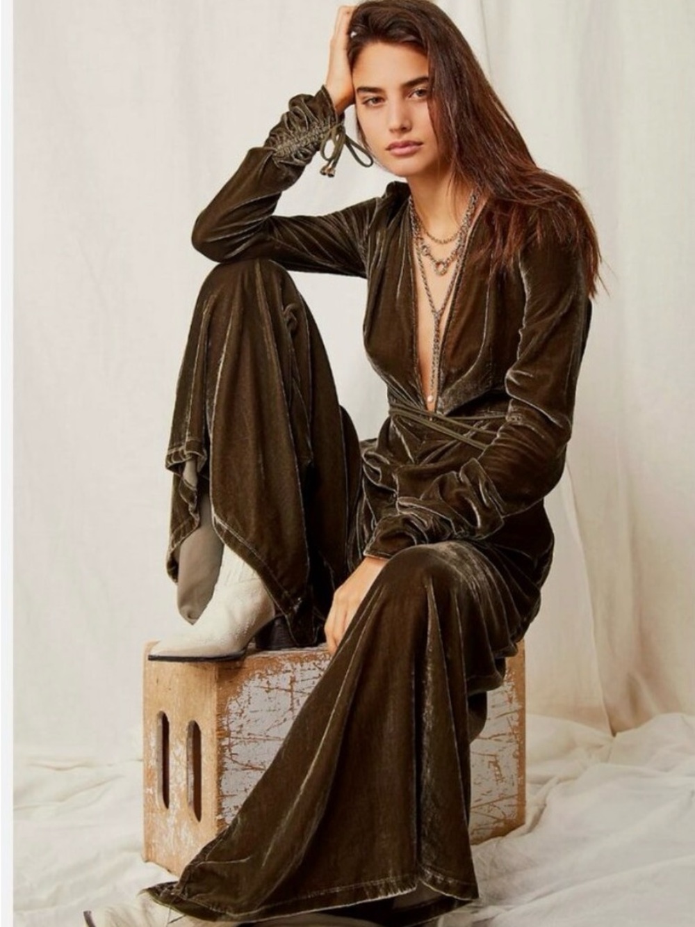 Free People Olive Velvet Deep V Jumpsuit